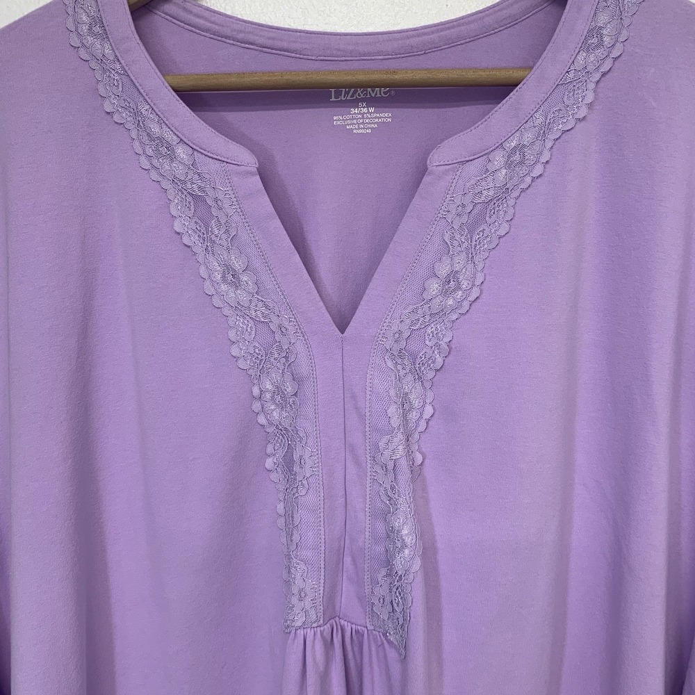 Liz & Me Short Sleeve Top Woman 5X Purple Lace Cotton Spandex Lilac Pull Over - Picture 2 of 6